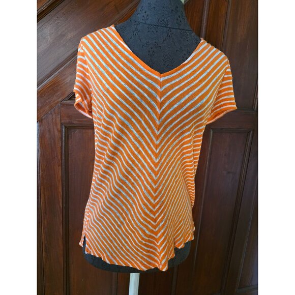 Jones New York Signature Orange & White Linen Striped V-Neck T-Shirt M - Picture 1 of 7